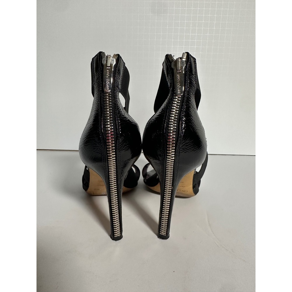 Sergio Rossi Black Elastic Cage Sandals Patent Leather Heels Purple Insole 7/7.5